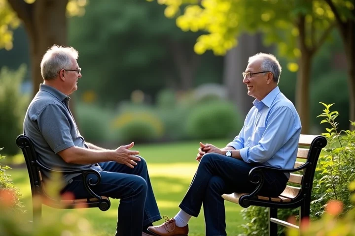 Two adults have an open, relaxed conversation in a quiet community garden, seated at an angle rather than posed face-to-face