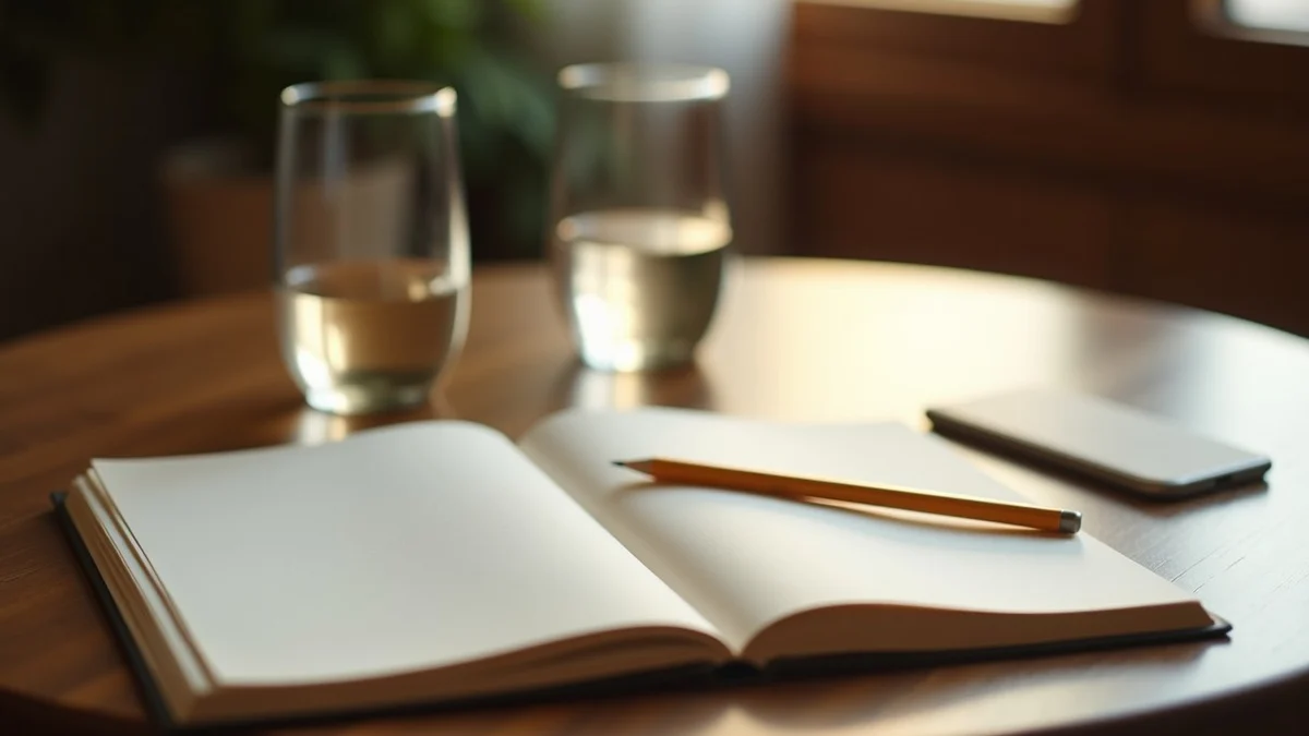 An open notebook with blank pages, a pencil, and two simple drinking glasses rests on a small dining table