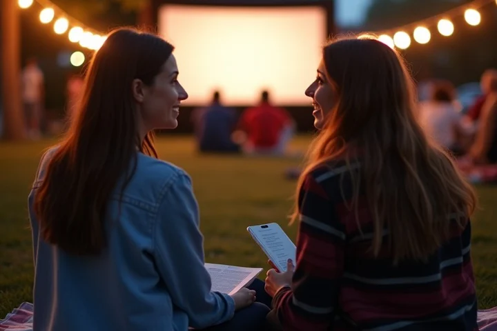 Two adult professionals exchange stories on a picnic blanket at a neighborhood outdoor movie screening