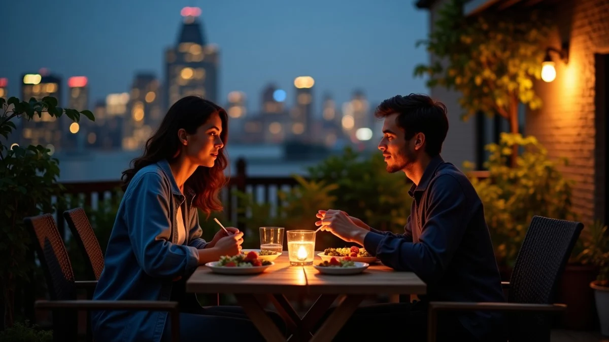 Two adults share a simple evening meal at a neighborhood rooftop garden, one listening attentively while the other sets down a work bag and exhales
