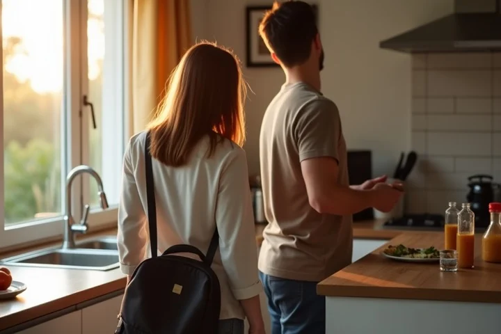 One adult closes a worn work bag beside a window while another adult prepares a quiet meal in a home kitchen